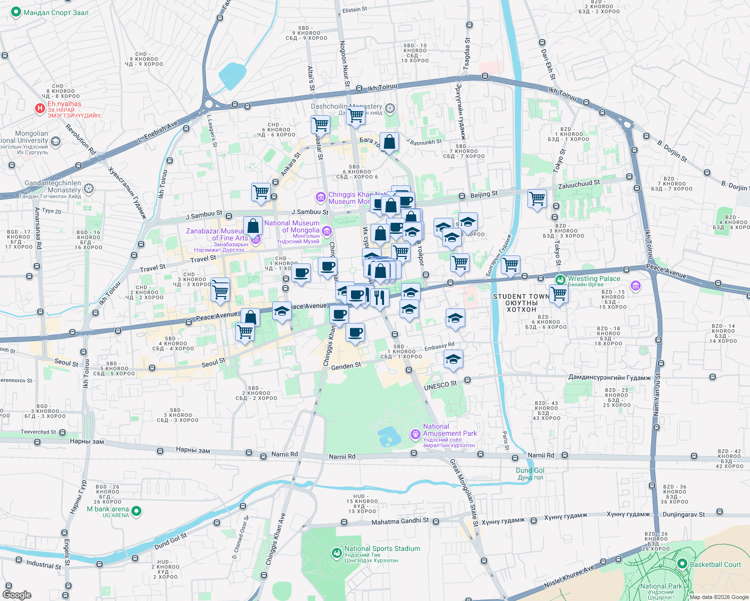 map of restaurants, bars, coffee shops, grocery stores, and more near Peace Avenue in Ulaanbaatar