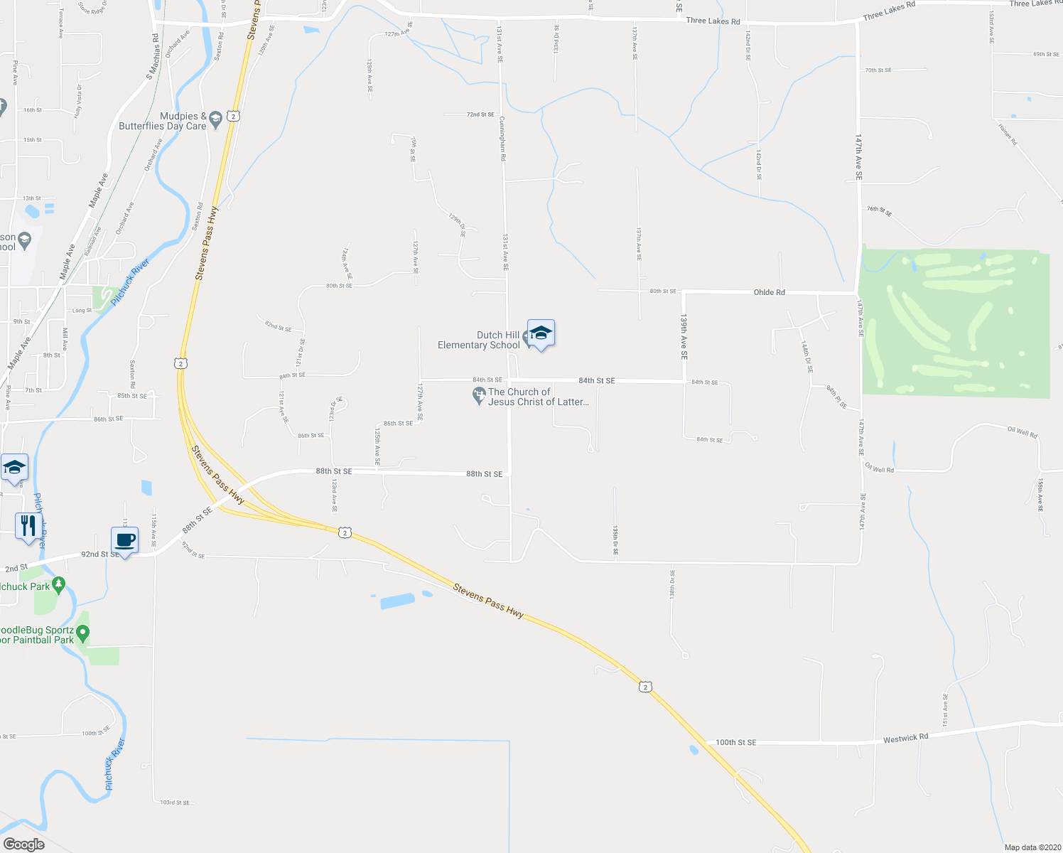 map of restaurants, bars, coffee shops, grocery stores, and more near 13232 84th Street Southeast in Snohomish