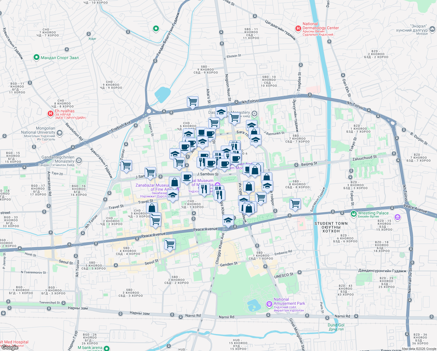 map of restaurants, bars, coffee shops, grocery stores, and more near Sambuu Street in Ulaanbaatar