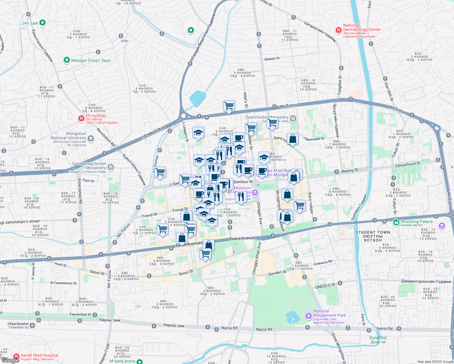 map of restaurants, bars, coffee shops, grocery stores, and more near Sambuu Street in Ulaanbaatar