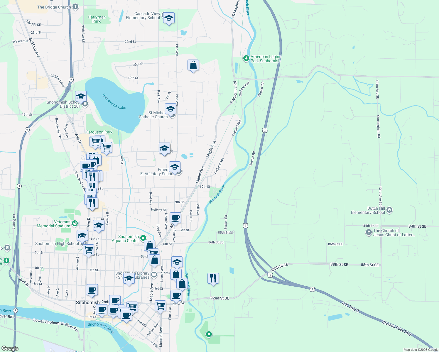 map of restaurants, bars, coffee shops, grocery stores, and more near 303 East 11th Street in Snohomish
