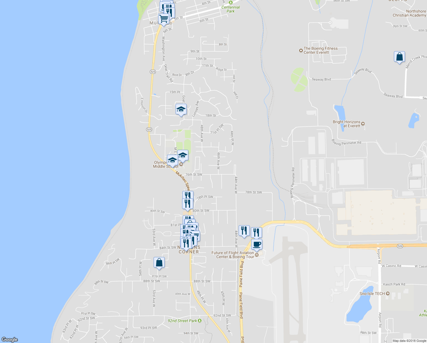 map of restaurants, bars, coffee shops, grocery stores, and more near 4613 76th Street Southwest in Mukilteo