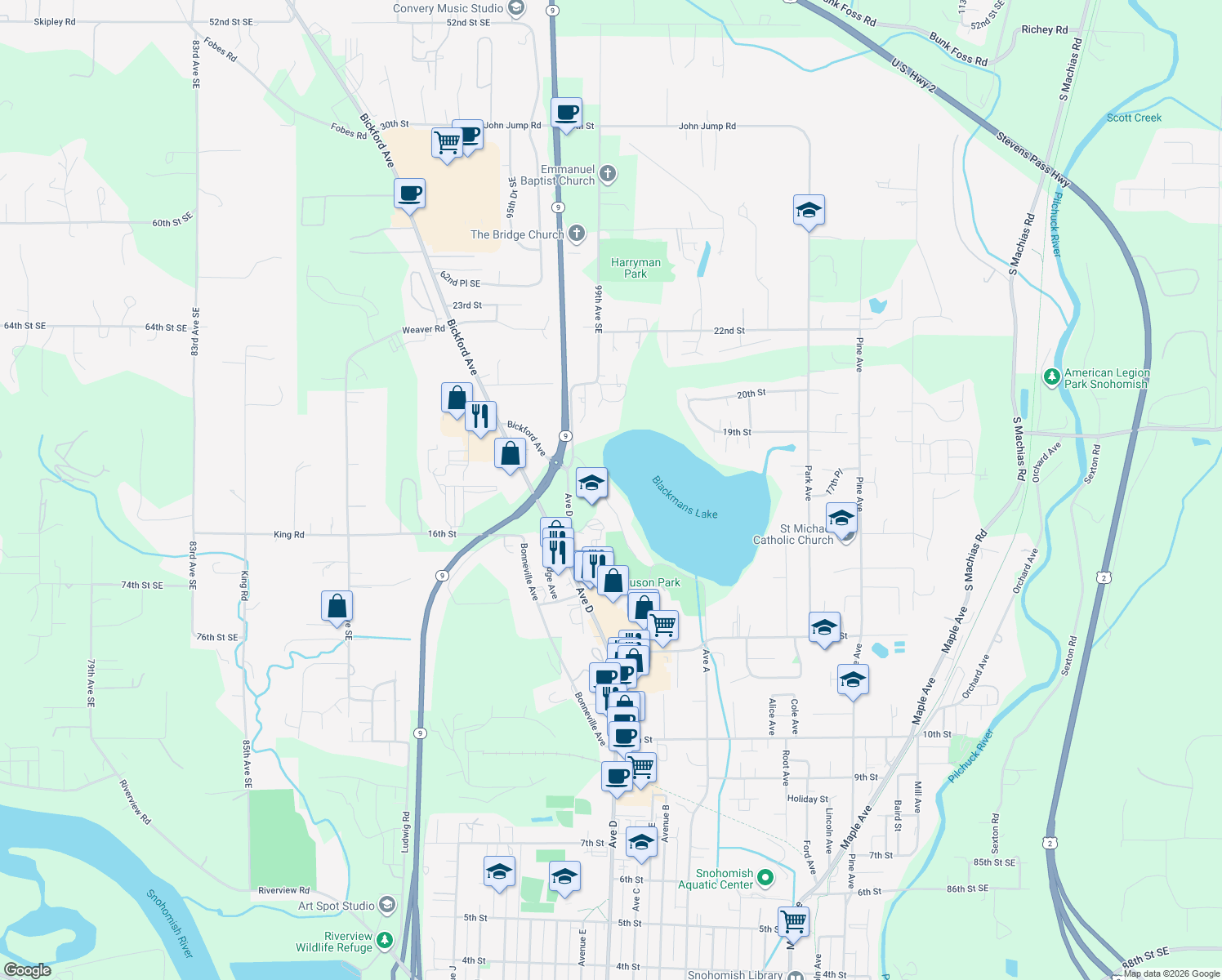 map of restaurants, bars, coffee shops, grocery stores, and more near 1647 Lake Mount Drive in Snohomish