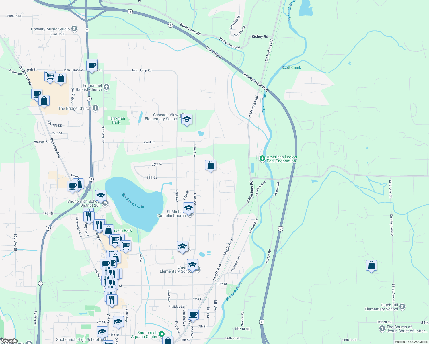map of restaurants, bars, coffee shops, grocery stores, and more near 1913 Terrace Ave in Snohomish