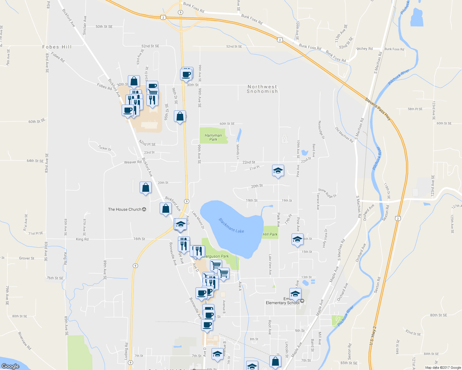 map of restaurants, bars, coffee shops, grocery stores, and more near 1104 20th Street in Snohomish