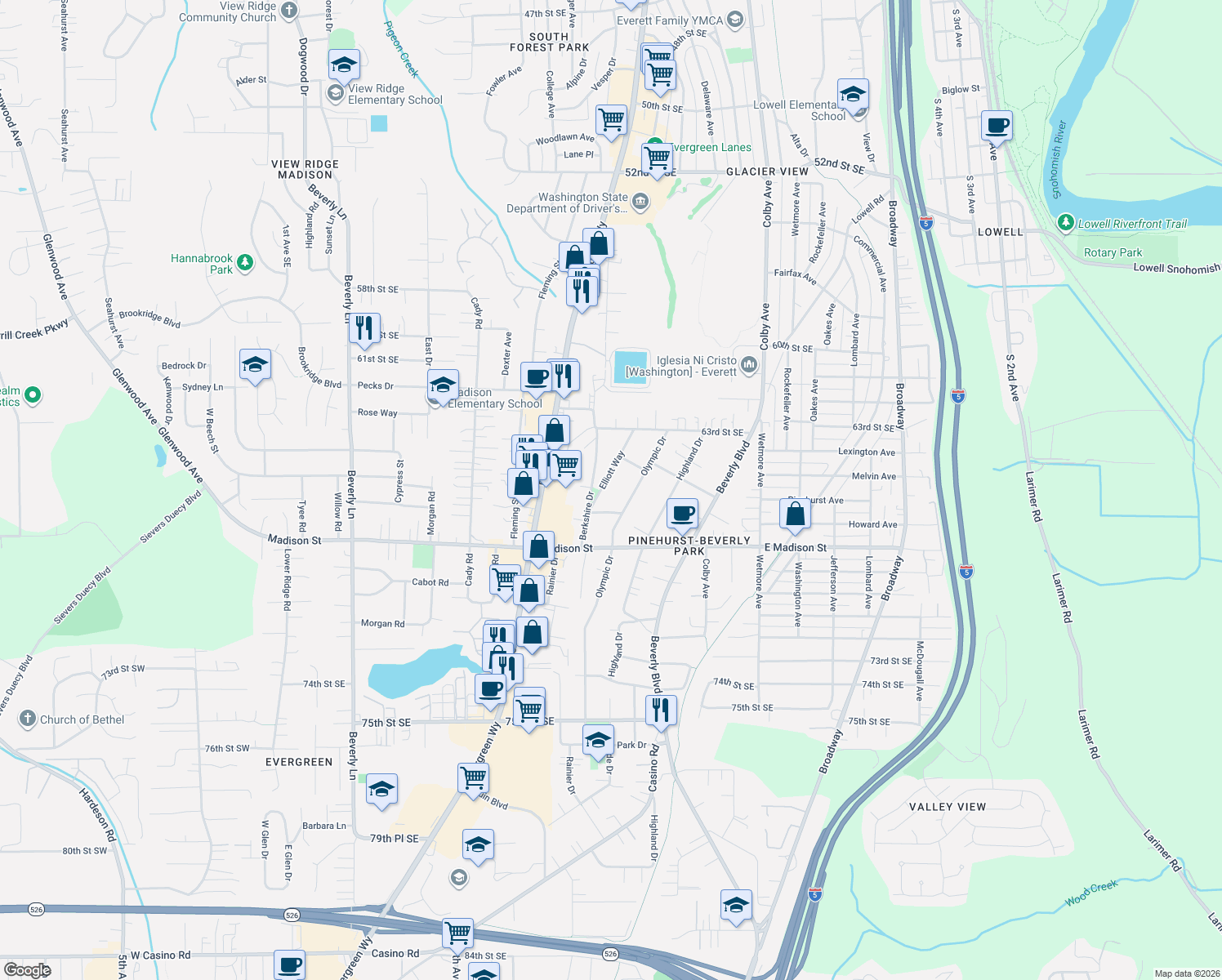 map of restaurants, bars, coffee shops, grocery stores, and more near 6517 Elliott Way in Everett