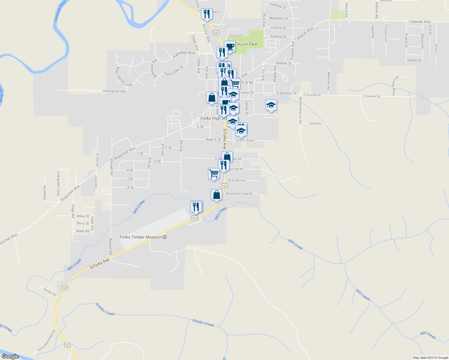 map of restaurants, bars, coffee shops, grocery stores, and more near 50 Forks Avenue in Forks