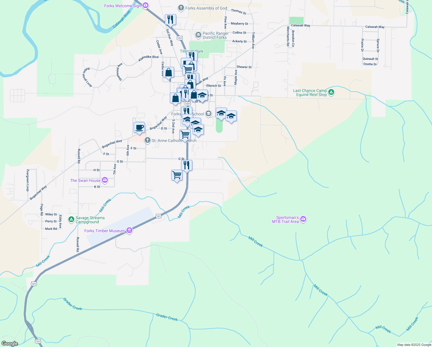 map of restaurants, bars, coffee shops, grocery stores, and more near 400 Fern Hill Road in Forks