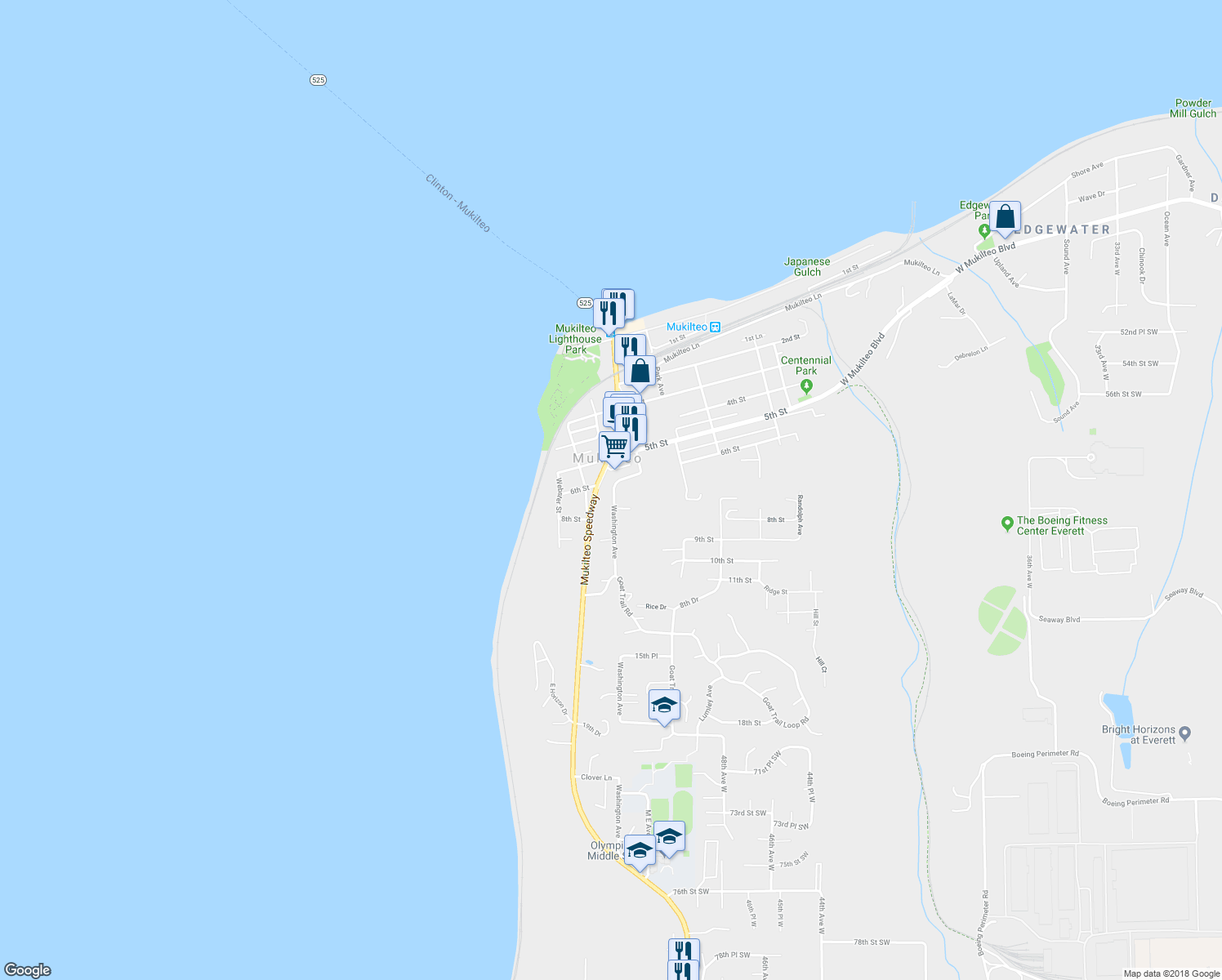 map of restaurants, bars, coffee shops, grocery stores, and more near 603 Washington Avenue in Mukilteo