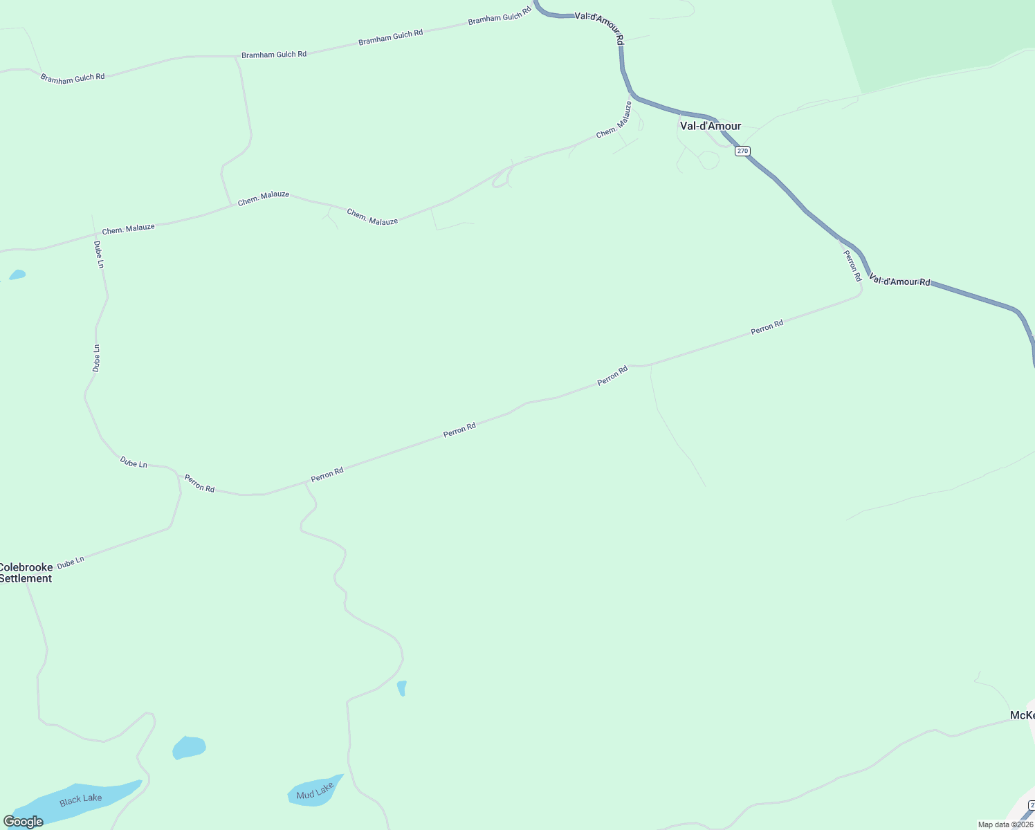 map of restaurants, bars, coffee shops, grocery stores, and more near 224 Perron Road in Val-d'Amour