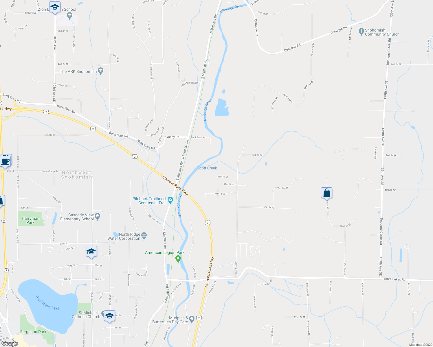 map of restaurants, bars, coffee shops, grocery stores, and more near 12015 56th Place Southeast in Snohomish