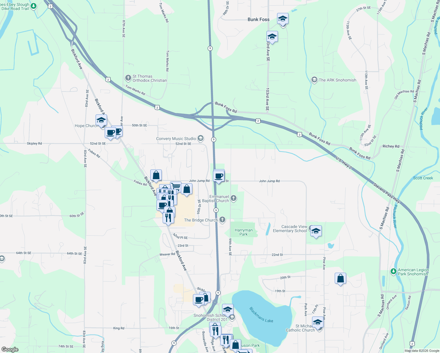 map of restaurants, bars, coffee shops, grocery stores, and more near 1400 30th Street Southeast in Snohomish