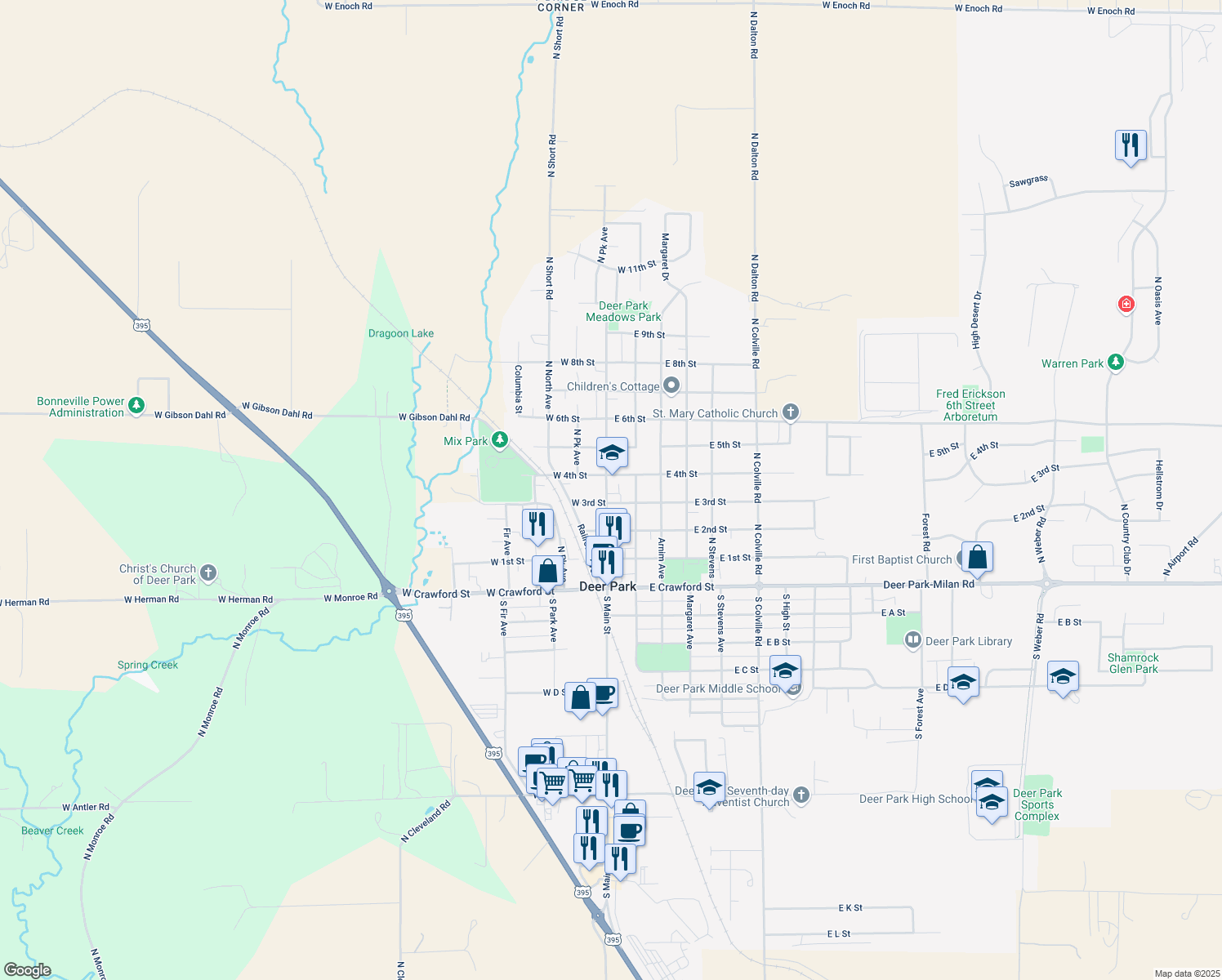 map of restaurants, bars, coffee shops, grocery stores, and more near 316 North Main Avenue in Deer Park