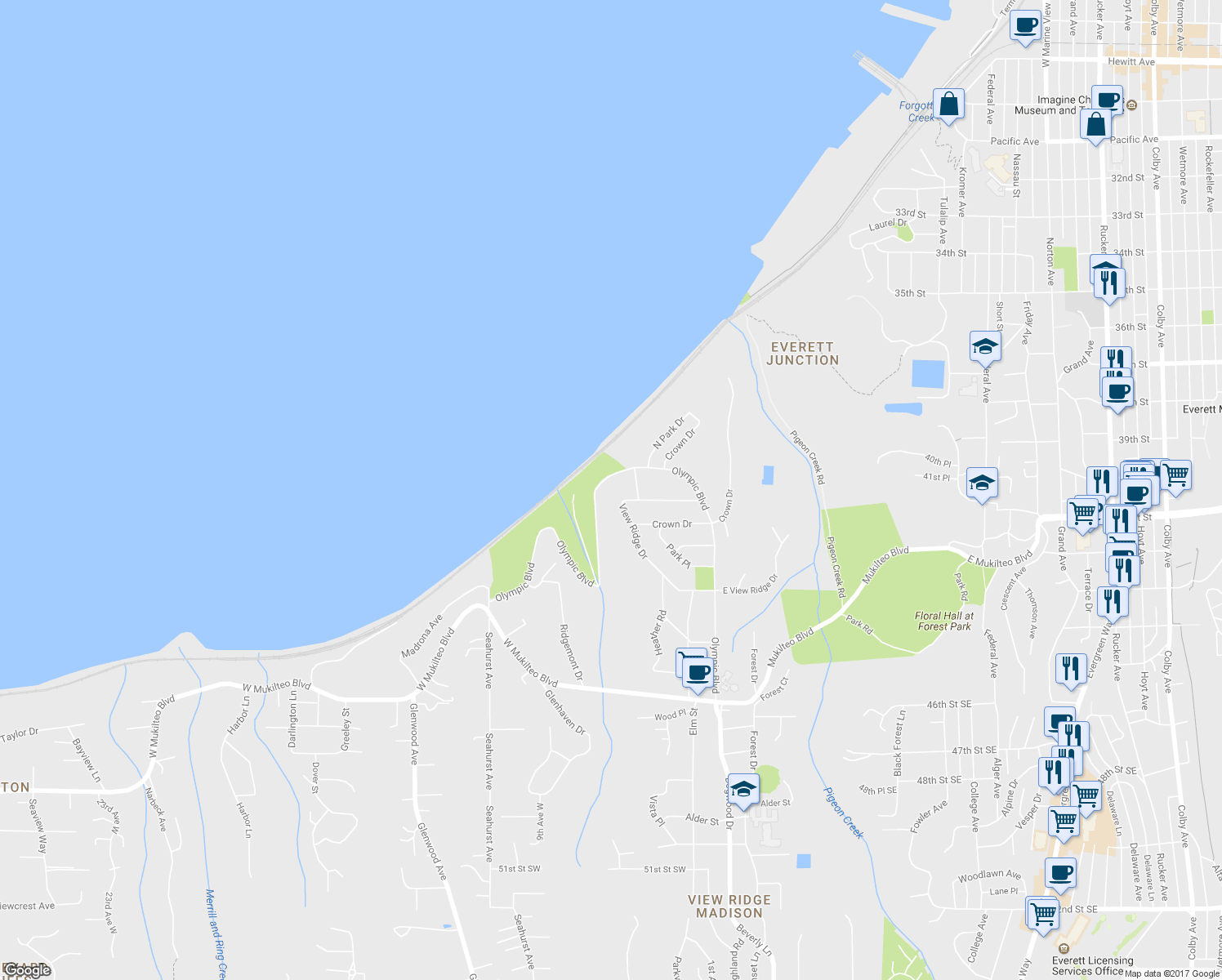 map of restaurants, bars, coffee shops, grocery stores, and more near 531 View Ridge Drive in Everett