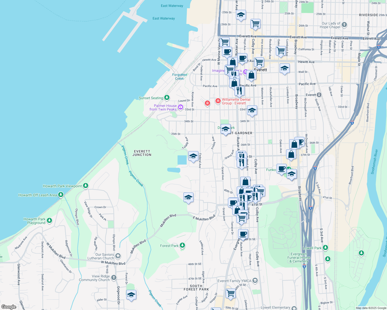 map of restaurants, bars, coffee shops, grocery stores, and more near 823 Charles Avenue in Everett