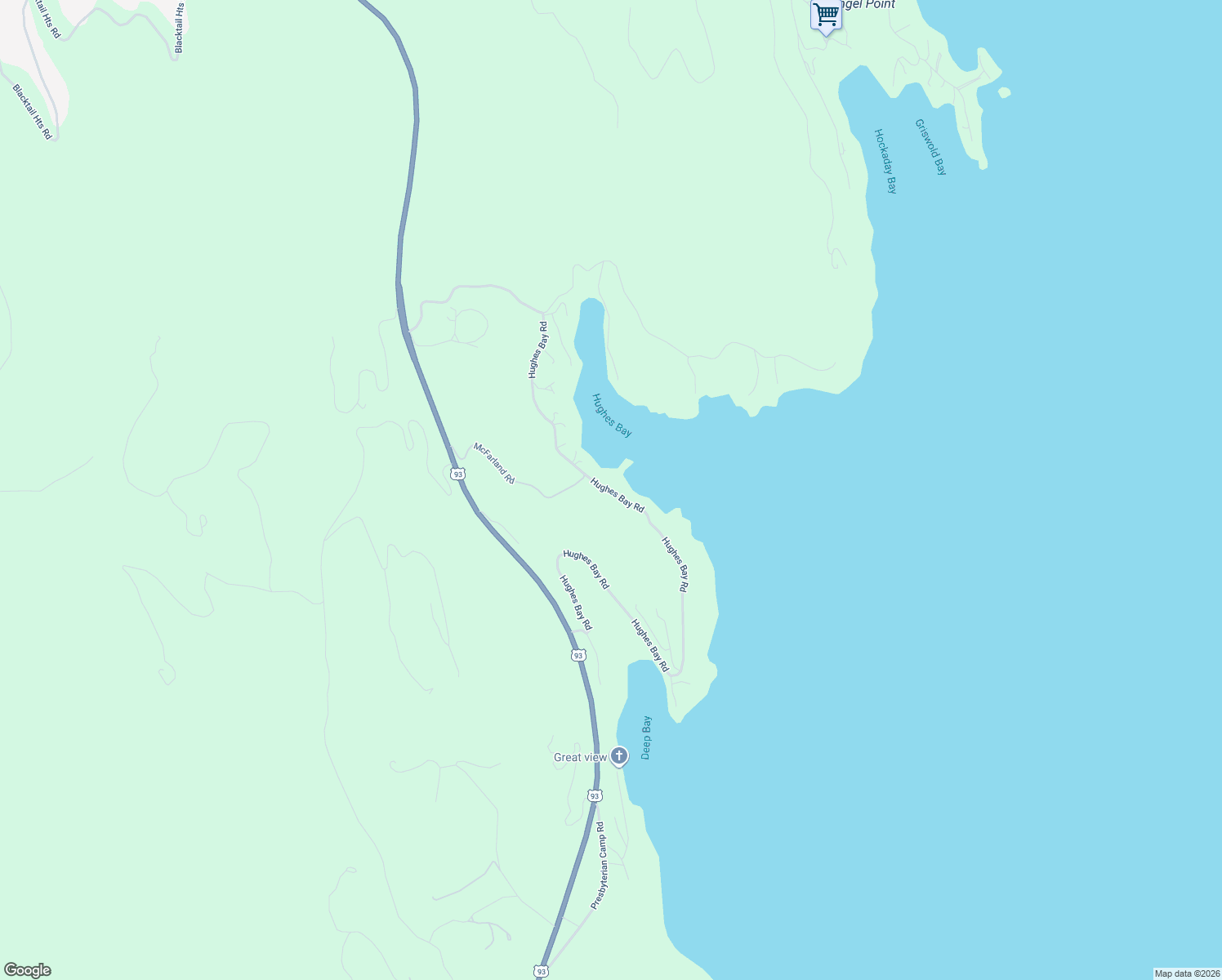 map of restaurants, bars, coffee shops, grocery stores, and more near Hughes Bay Road in Lakeside