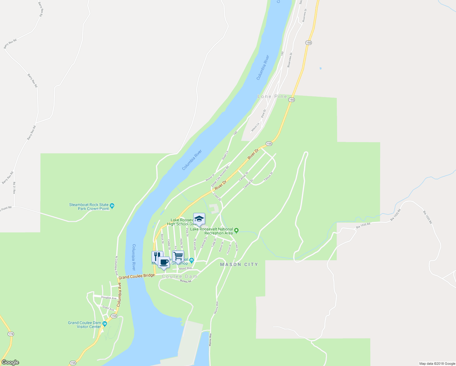map of restaurants, bars, coffee shops, grocery stores, and more near 1015 River Drive in Coulee Dam