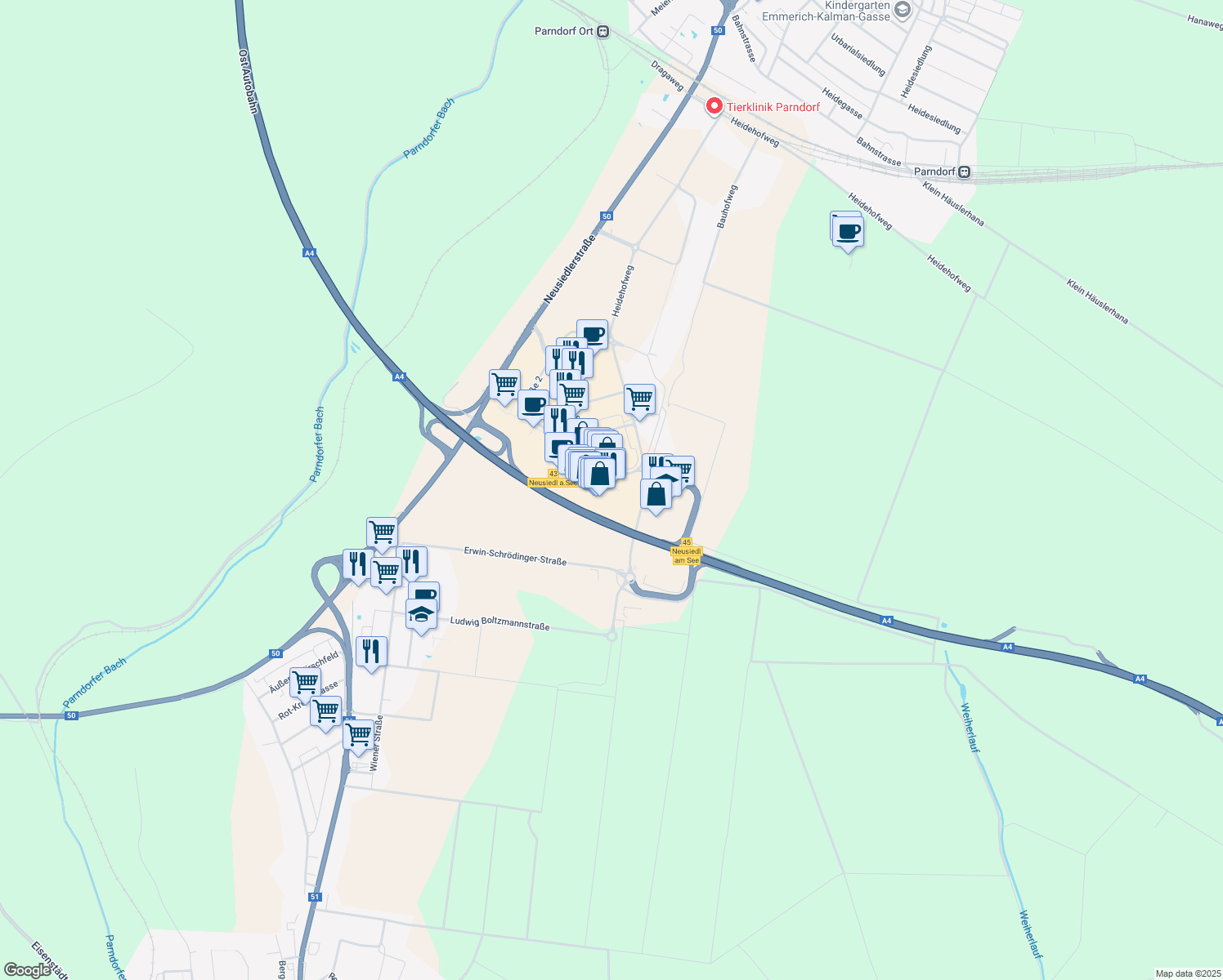 map of restaurants, bars, coffee shops, grocery stores, and more near 1 Designer-Outlet-Straße in Parndorf