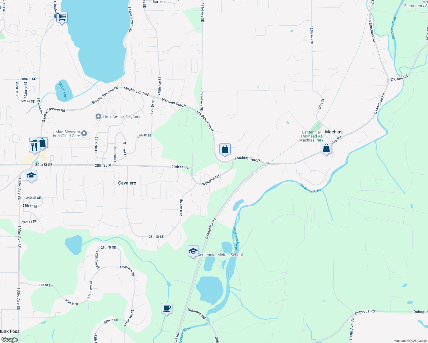 map of restaurants, bars, coffee shops, grocery stores, and more near 12421 Williams Road in Lake Stevens