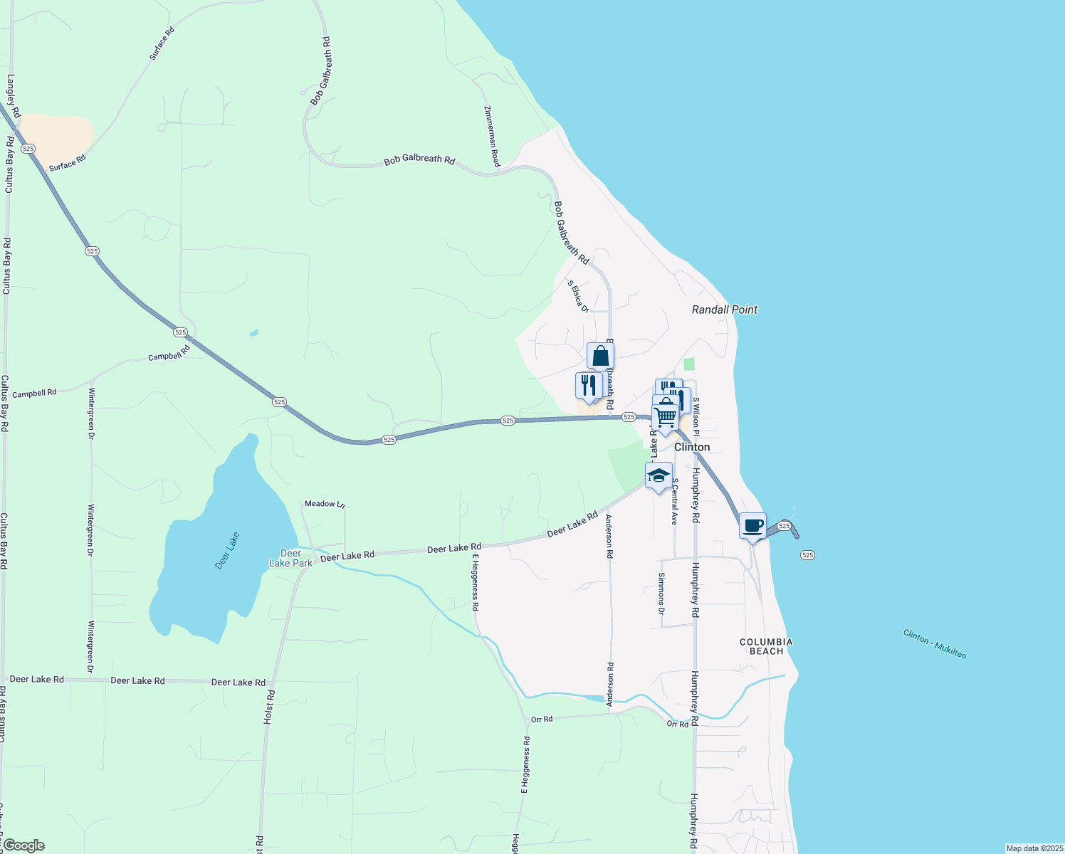 map of restaurants, bars, coffee shops, grocery stores, and more near 9289 Washington 525 in Clinton