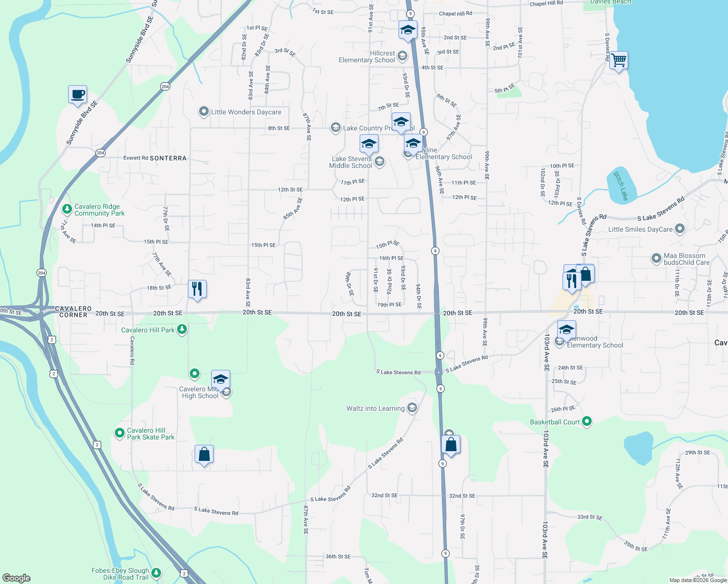 map of restaurants, bars, coffee shops, grocery stores, and more near 1819 90th Drive Southeast in Lake Stevens
