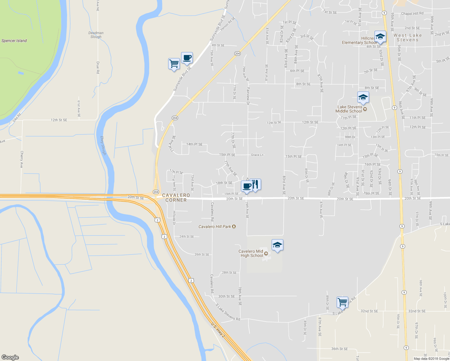 map of restaurants, bars, coffee shops, grocery stores, and more near 7539 18th Street Southeast in Lake Stevens