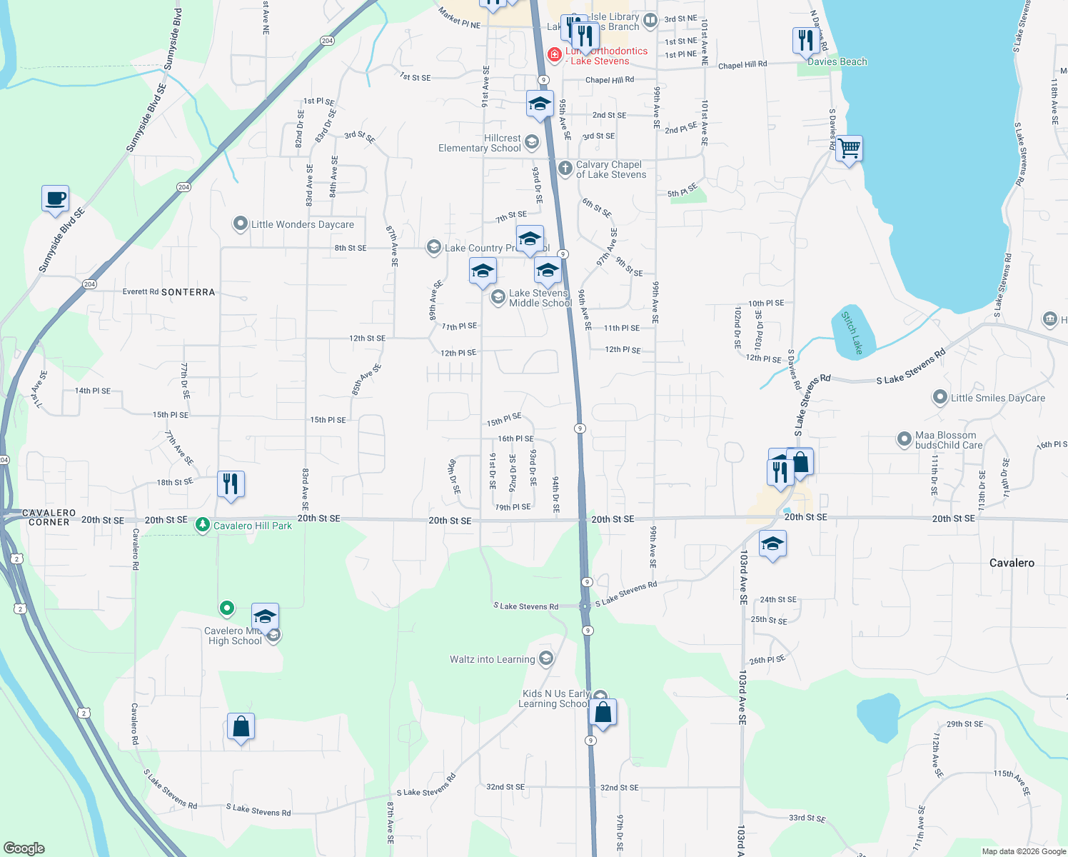 map of restaurants, bars, coffee shops, grocery stores, and more near 10127 15th Place Southeast in Lake Stevens