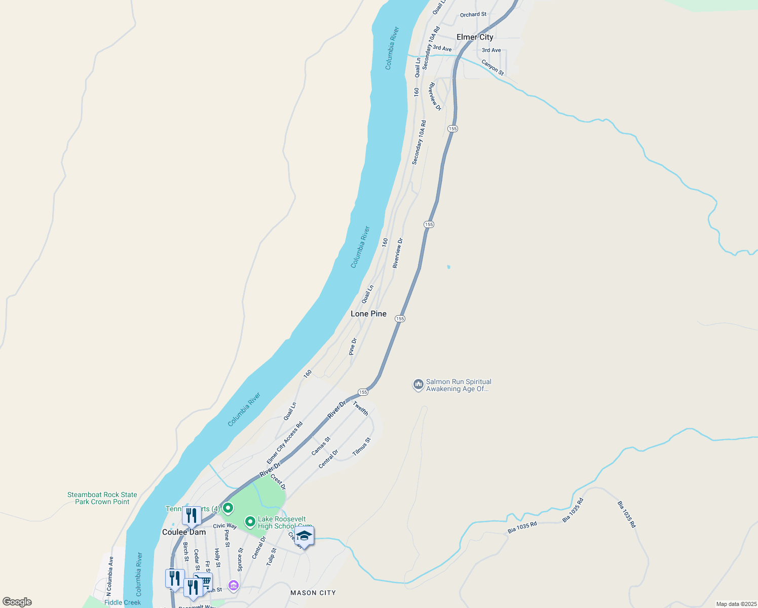 map of restaurants, bars, coffee shops, grocery stores, and more near 9A Riverview Drive in Coulee Dam