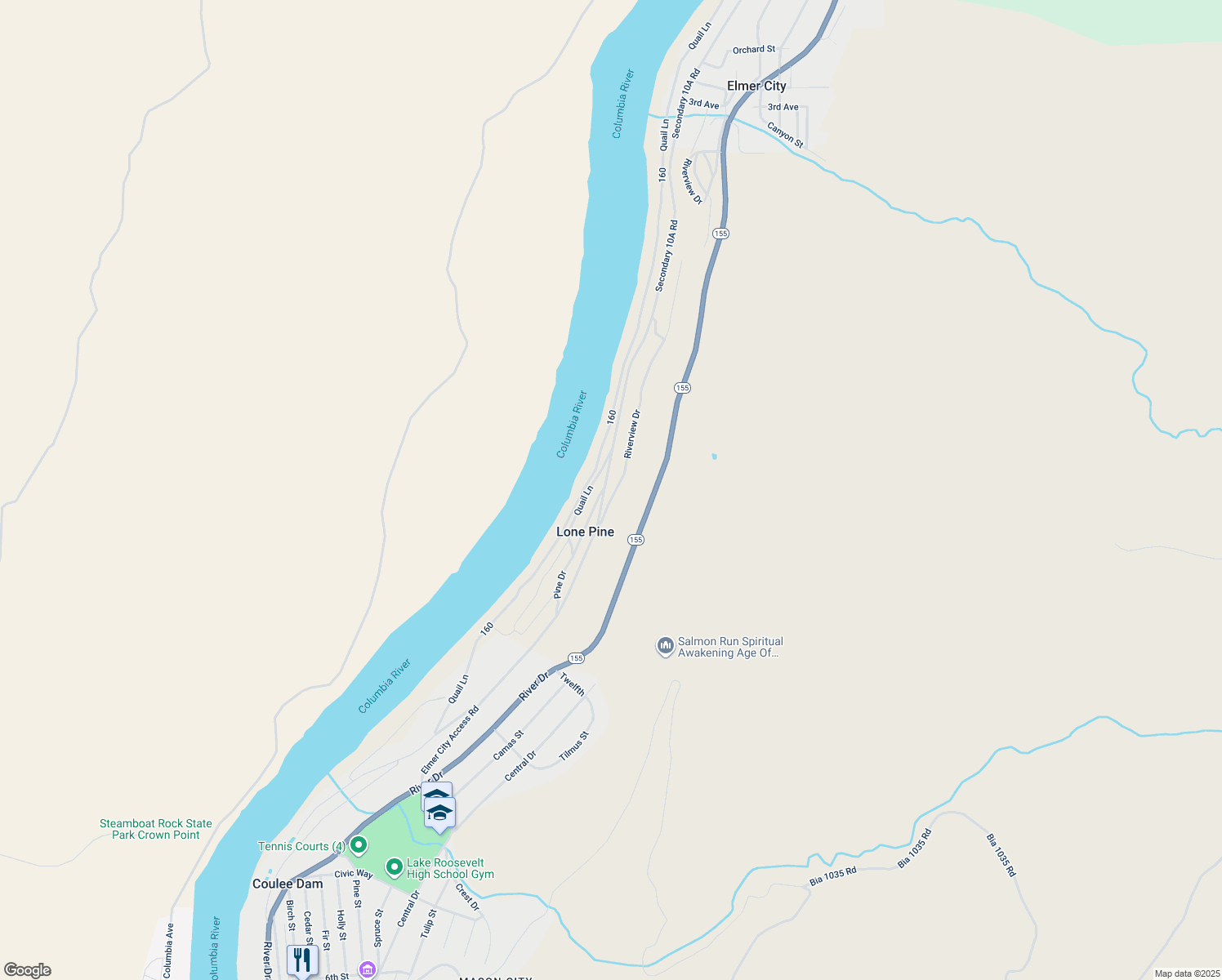 map of restaurants, bars, coffee shops, grocery stores, and more near 9A Riverview Drive in Coulee Dam
