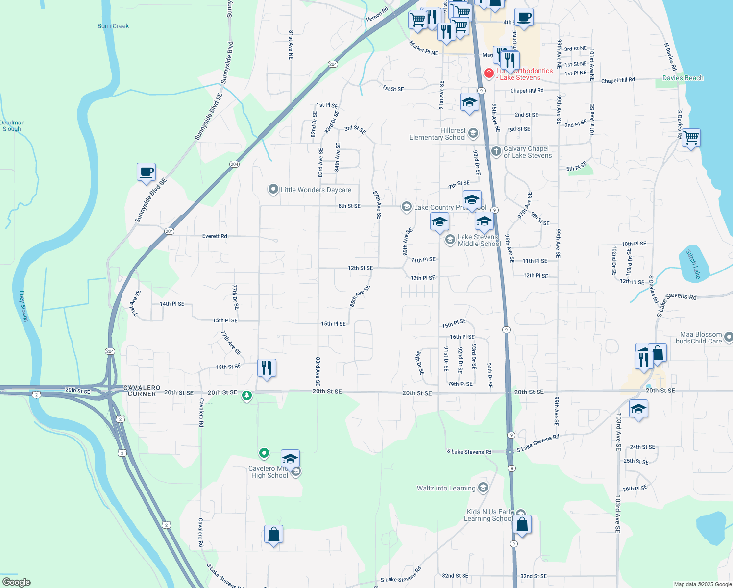 map of restaurants, bars, coffee shops, grocery stores, and more near 1311 85th Avenue Southeast in Lake Stevens