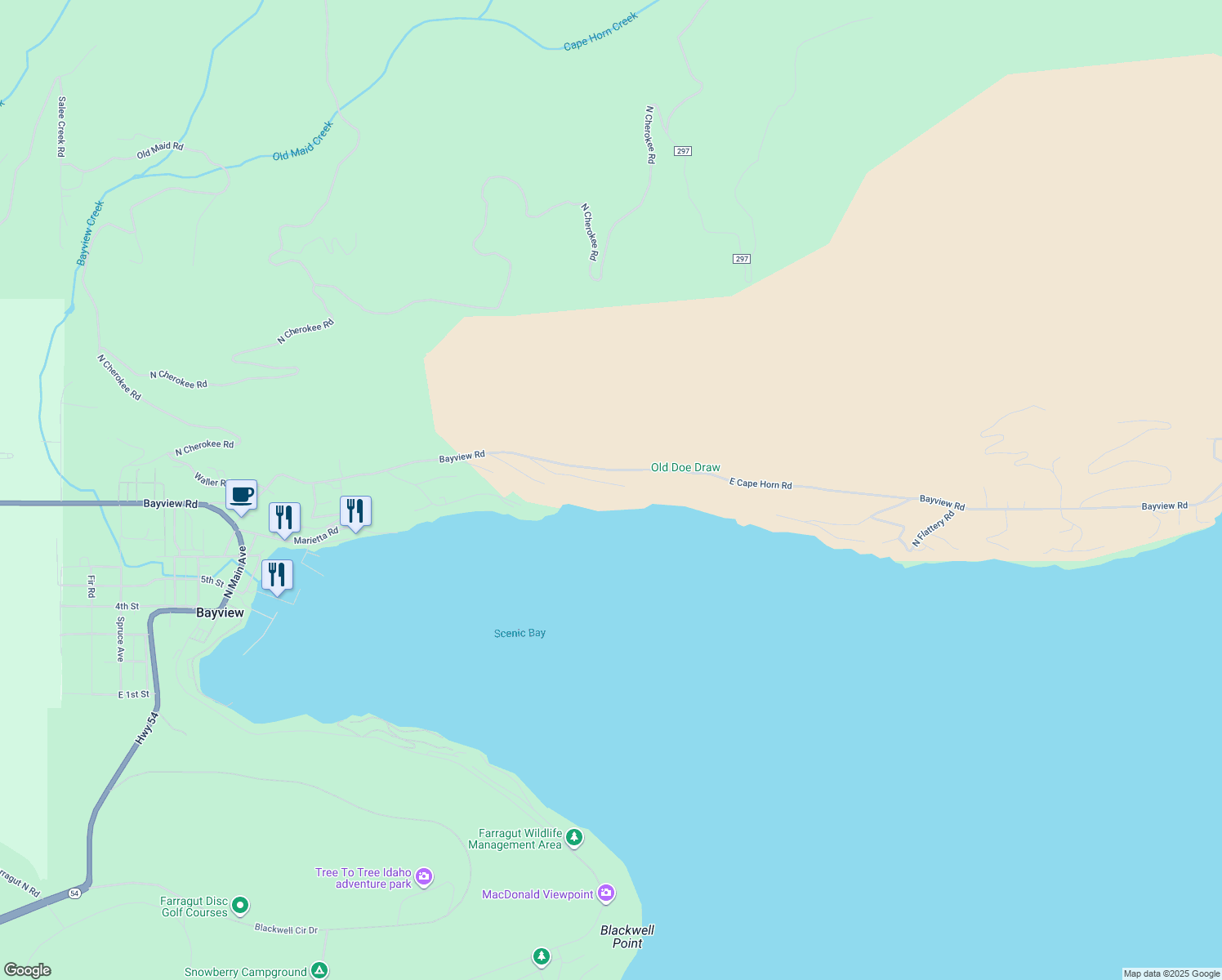 map of restaurants, bars, coffee shops, grocery stores, and more near 18176 East Duwamish Drive in Bayview
