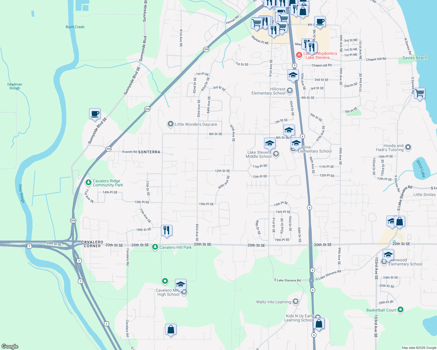map of restaurants, bars, coffee shops, grocery stores, and more near 8513 12th Pl SE in Lake Stevens