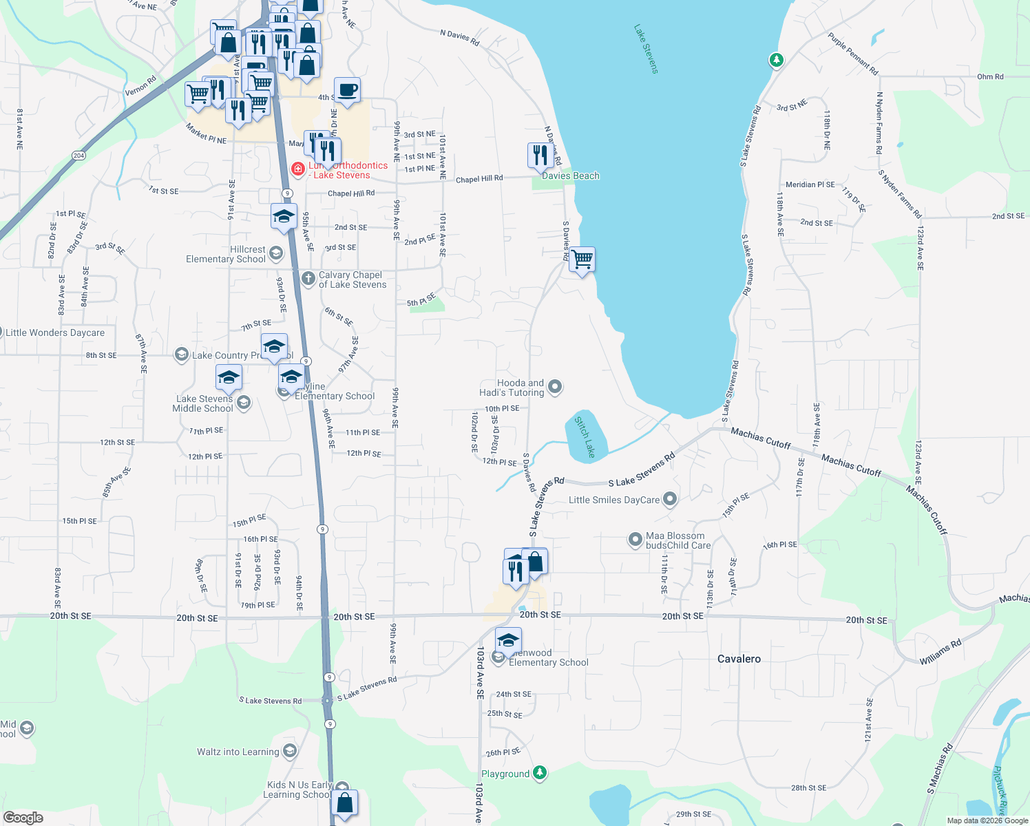 map of restaurants, bars, coffee shops, grocery stores, and more near 10412 10th Place Southeast in Lake Stevens