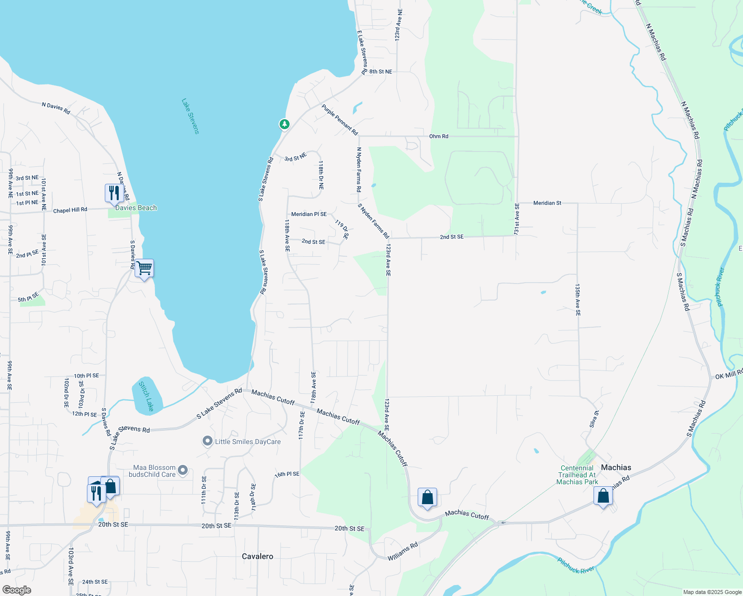 map of restaurants, bars, coffee shops, grocery stores, and more near 510 123rd Avenue Southeast in Lake Stevens