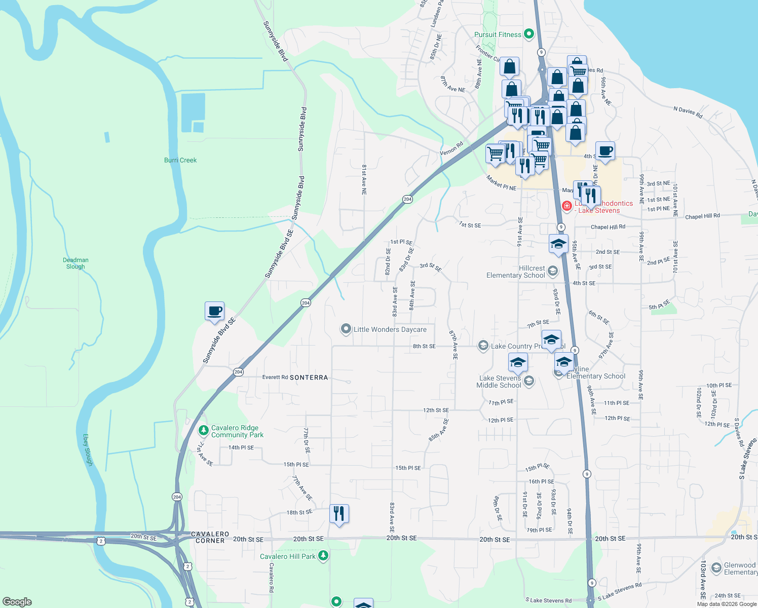 map of restaurants, bars, coffee shops, grocery stores, and more near 516 83rd Avenue Southeast in Lake Stevens