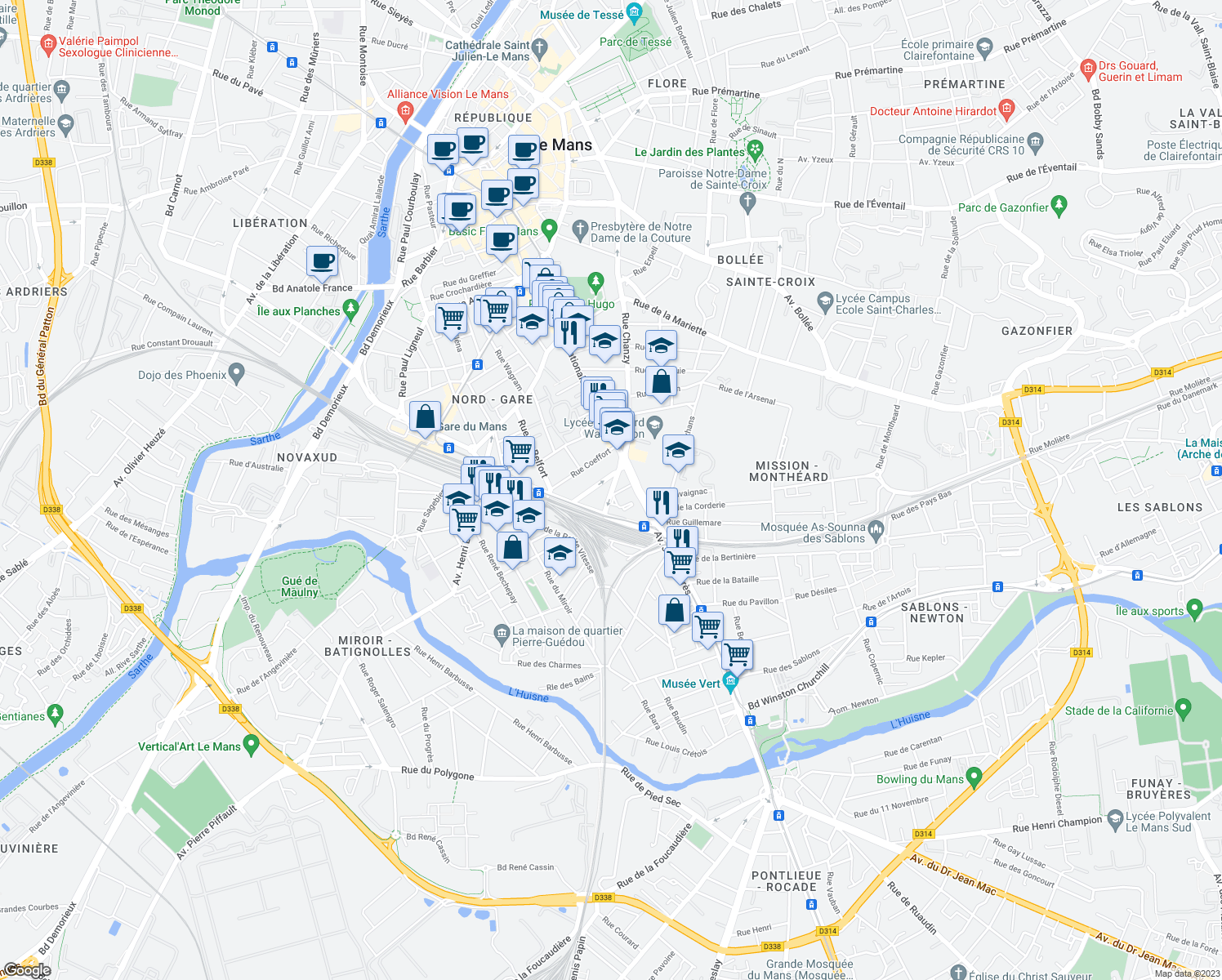 map of restaurants, bars, coffee shops, grocery stores, and more near 25 Rue de la Mission in Le Mans