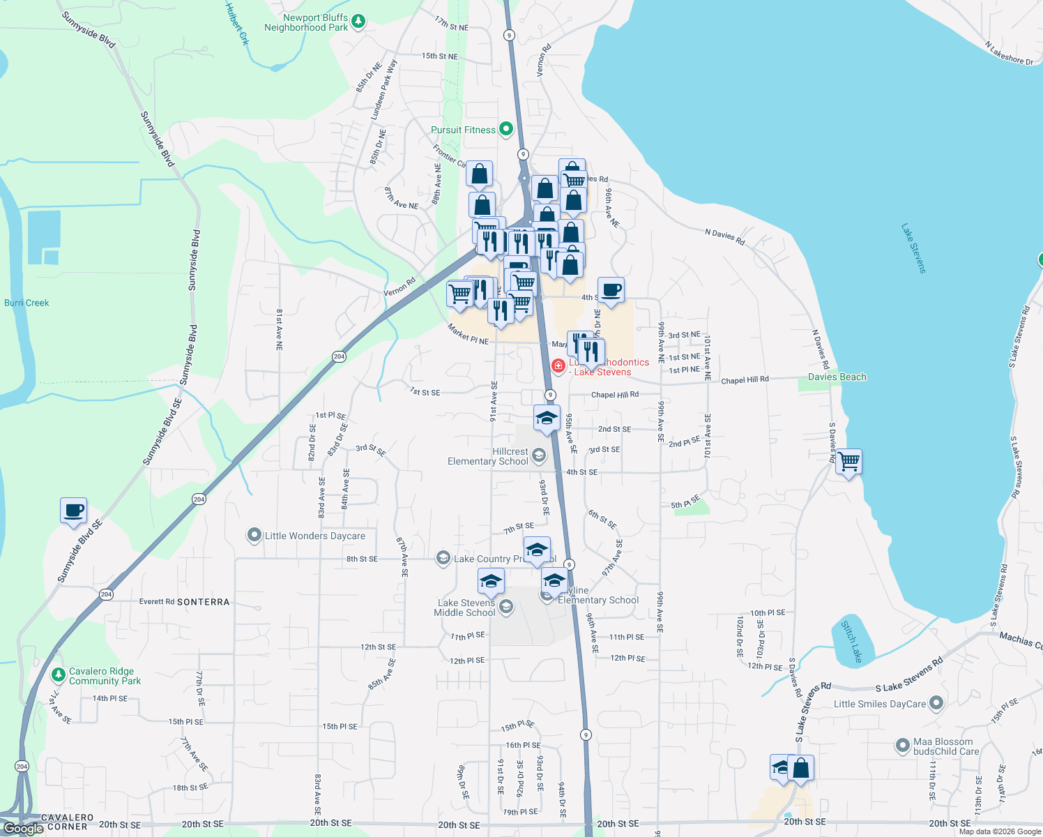 map of restaurants, bars, coffee shops, grocery stores, and more near 27 91st Avenue Southeast in Lake Stevens