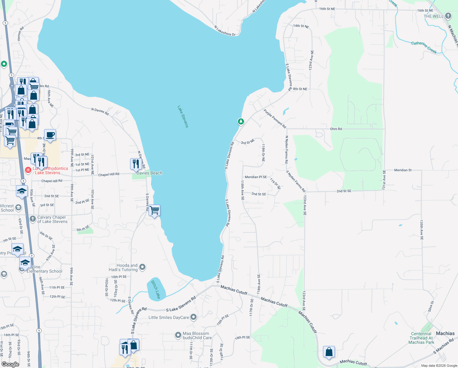map of restaurants, bars, coffee shops, grocery stores, and more near 131 East Lakeshore Drive in Lake Stevens
