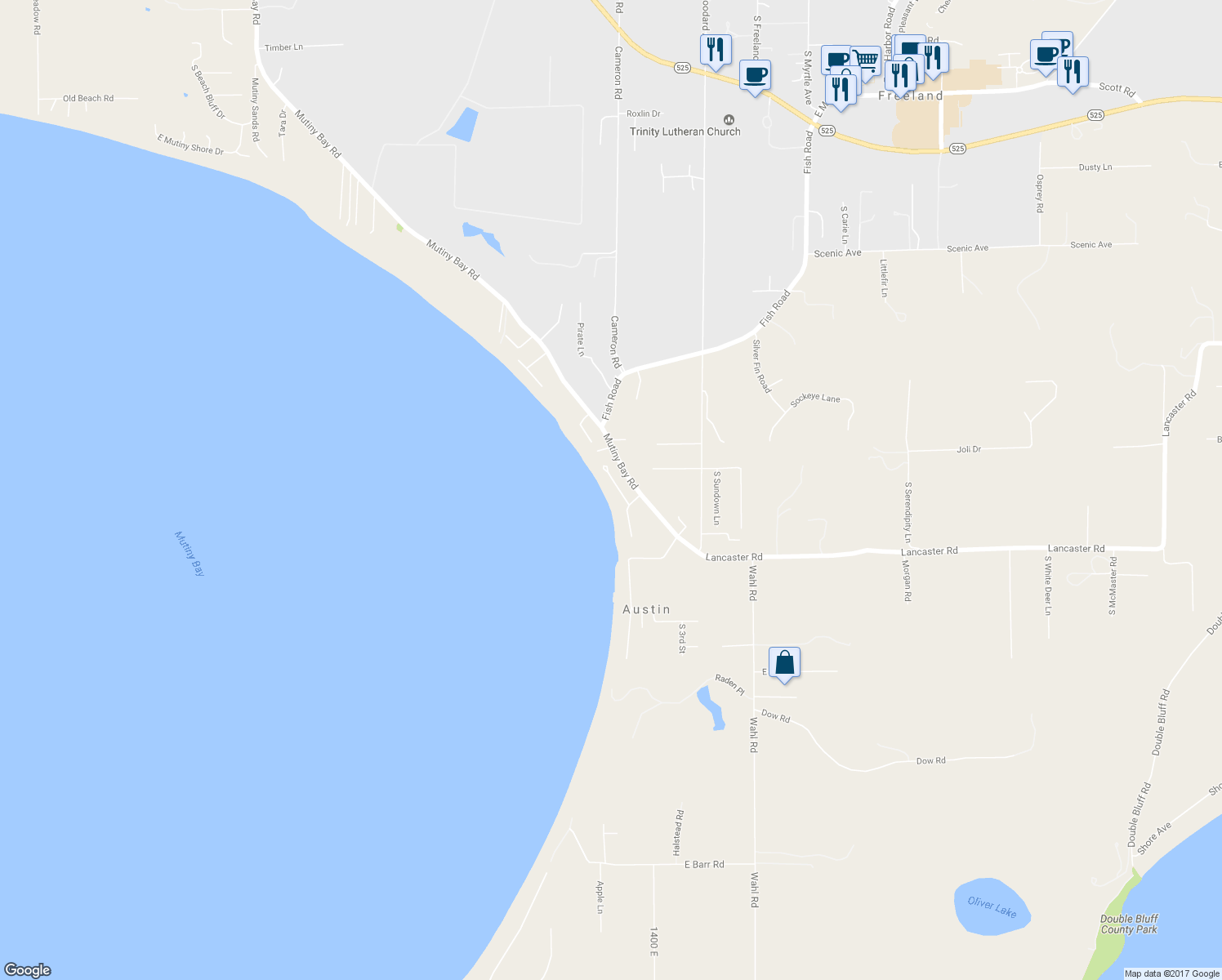 map of restaurants, bars, coffee shops, grocery stores, and more near 5932 Cedar Street in Freeland