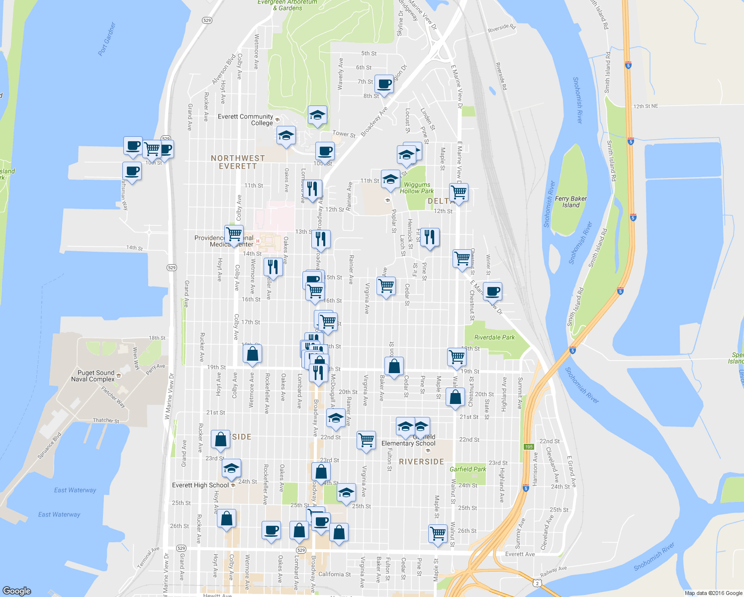 map of restaurants, bars, coffee shops, grocery stores, and more near 1531 Virginia Avenue in Everett
