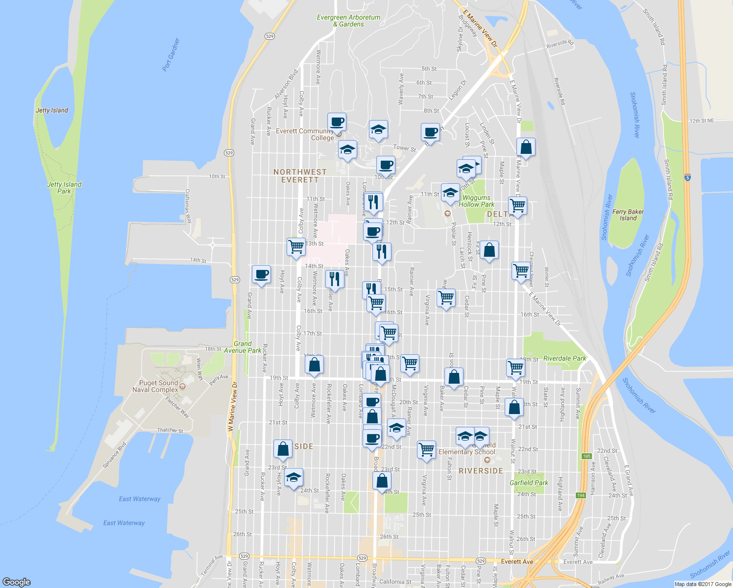map of restaurants, bars, coffee shops, grocery stores, and more near 1505 Lombard Avenue in Everett