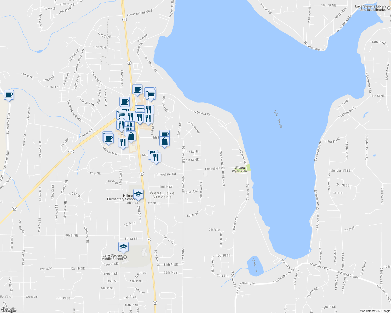 map of restaurants, bars, coffee shops, grocery stores, and more near 10038 2nd Place Northeast in Lake Stevens