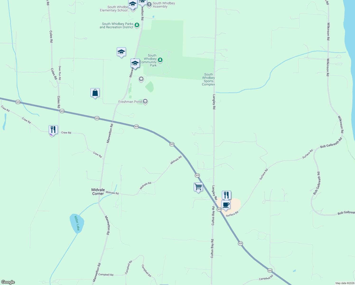 map of restaurants, bars, coffee shops, grocery stores, and more near 11652 Washington 525 in Clinton