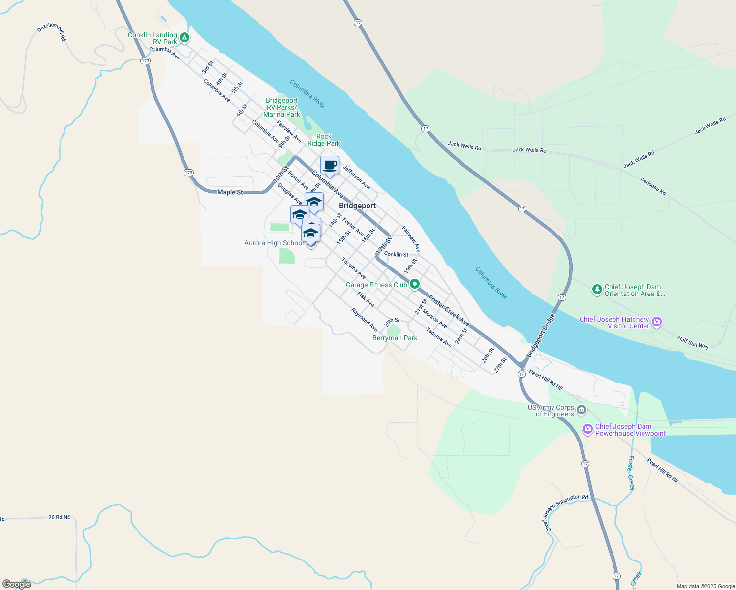 map of restaurants, bars, coffee shops, grocery stores, and more near 1717 Fisk Avenue in Bridgeport