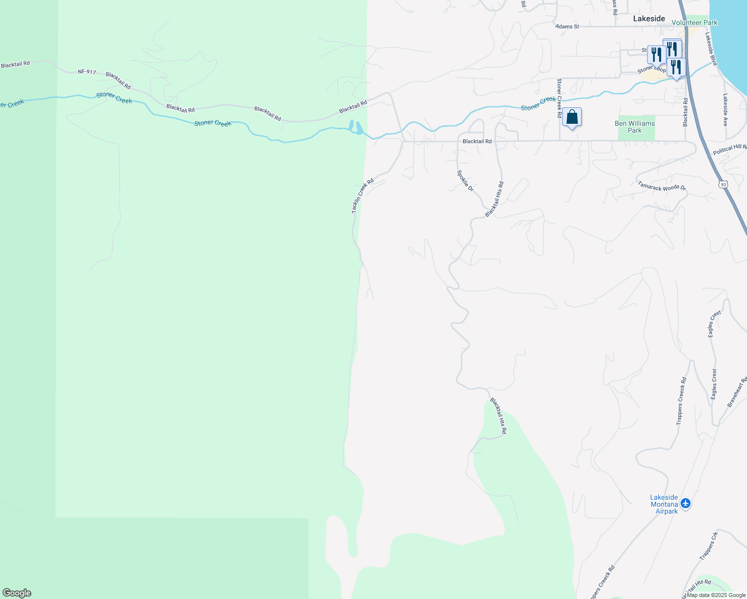 map of restaurants, bars, coffee shops, grocery stores, and more near Tacklin Creek Road in Lakeside
