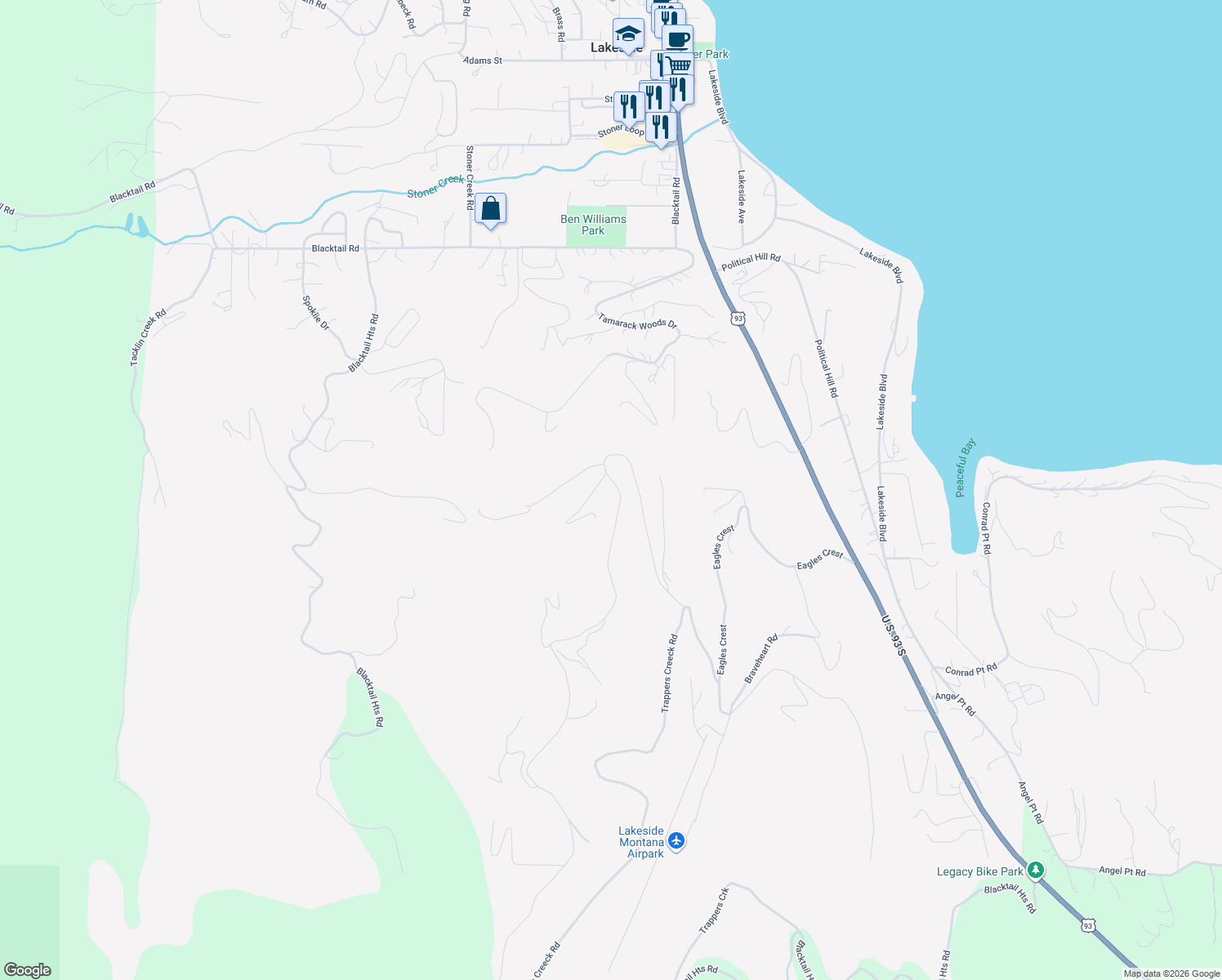 map of restaurants, bars, coffee shops, grocery stores, and more near 209 Ridge Line Drive in Lakeside