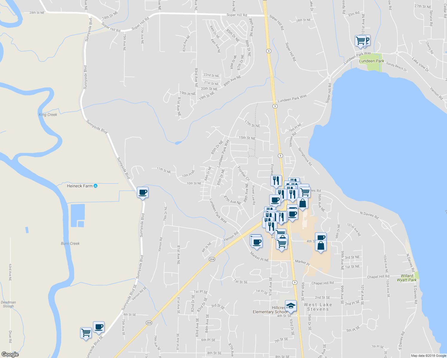 map of restaurants, bars, coffee shops, grocery stores, and more near 7723 11th St NE in Lake Stevens