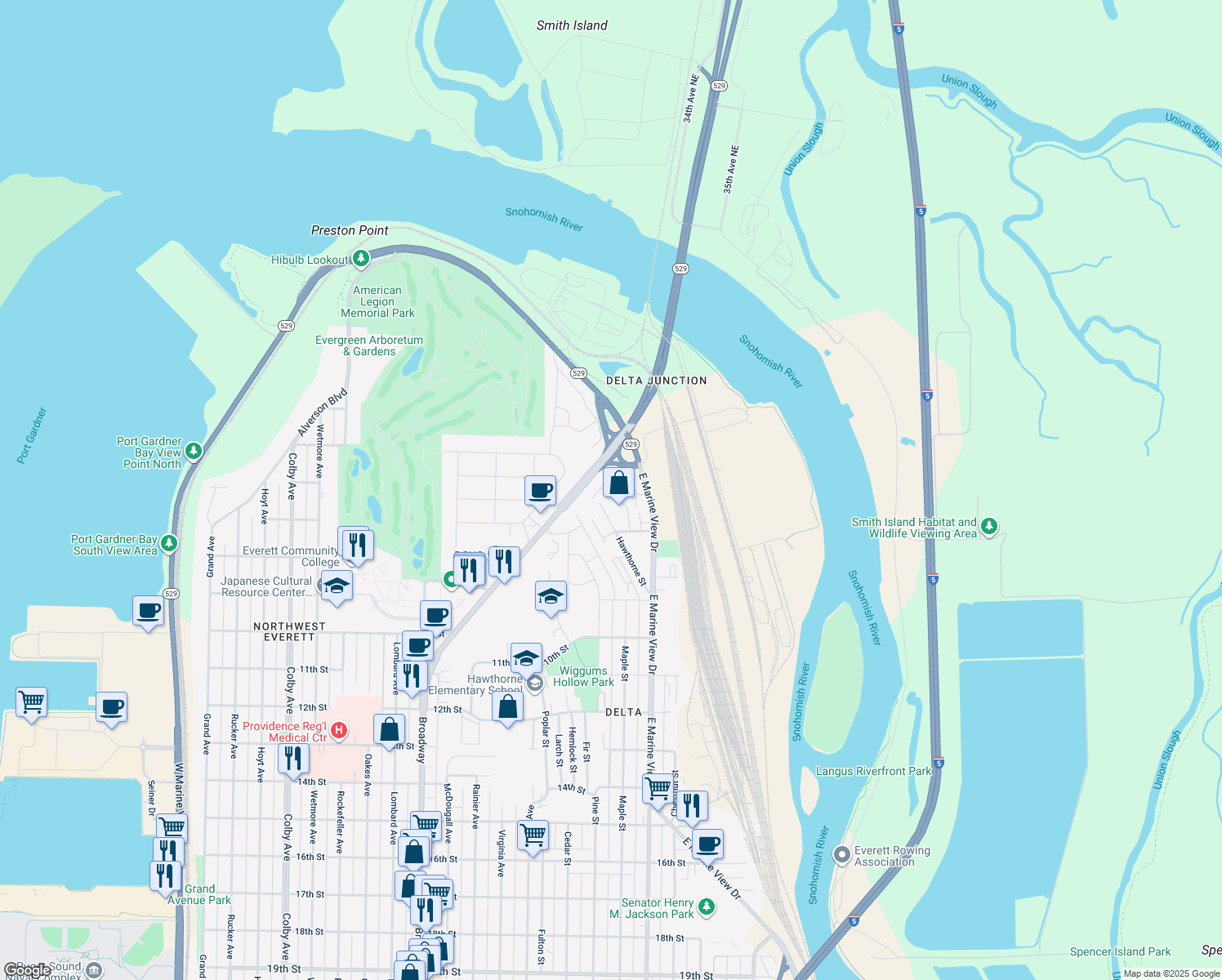 map of restaurants, bars, coffee shops, grocery stores, and more near 510 Pilchuck Path in Everett