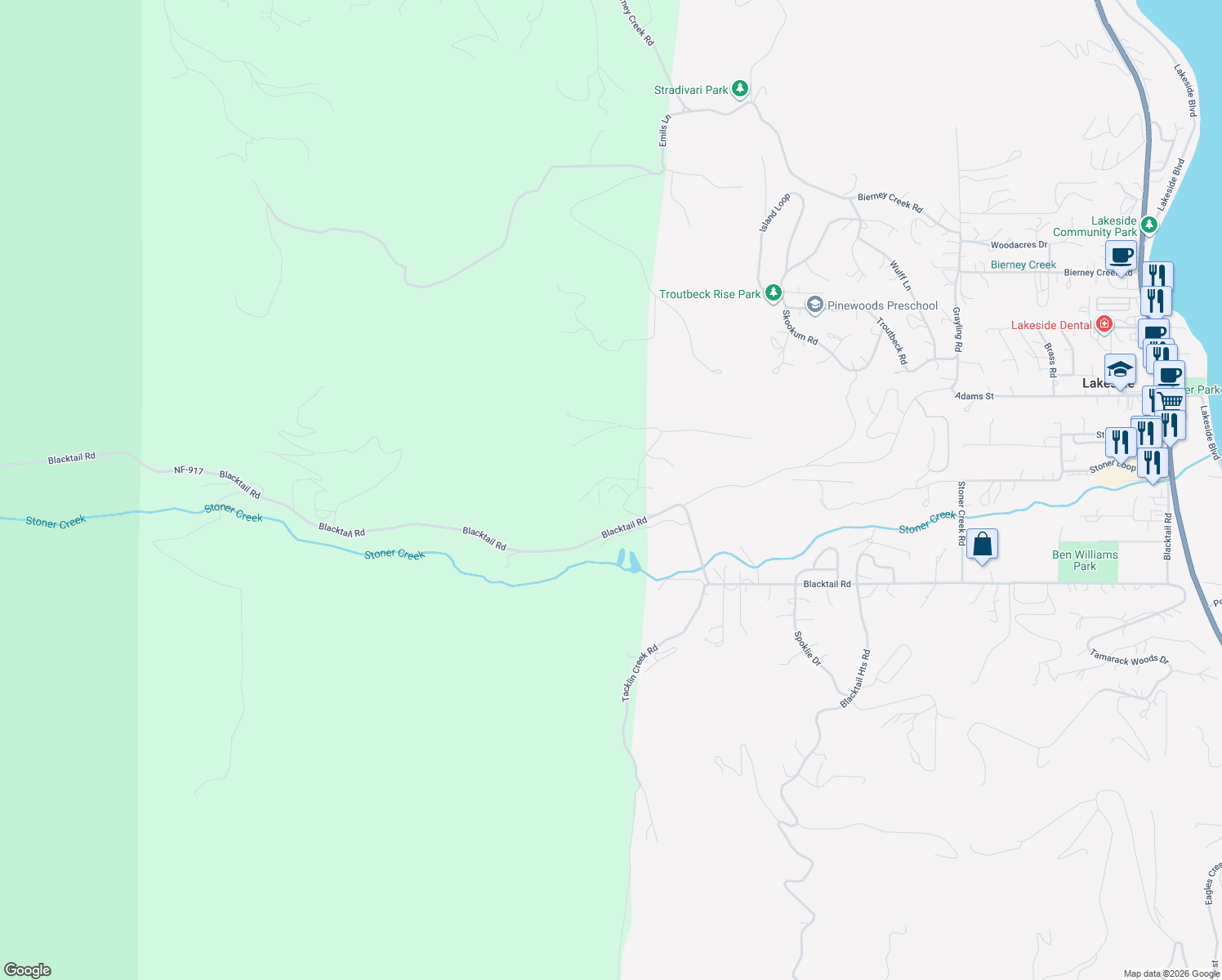 map of restaurants, bars, coffee shops, grocery stores, and more near 809 Blacktail Road in Lakeside