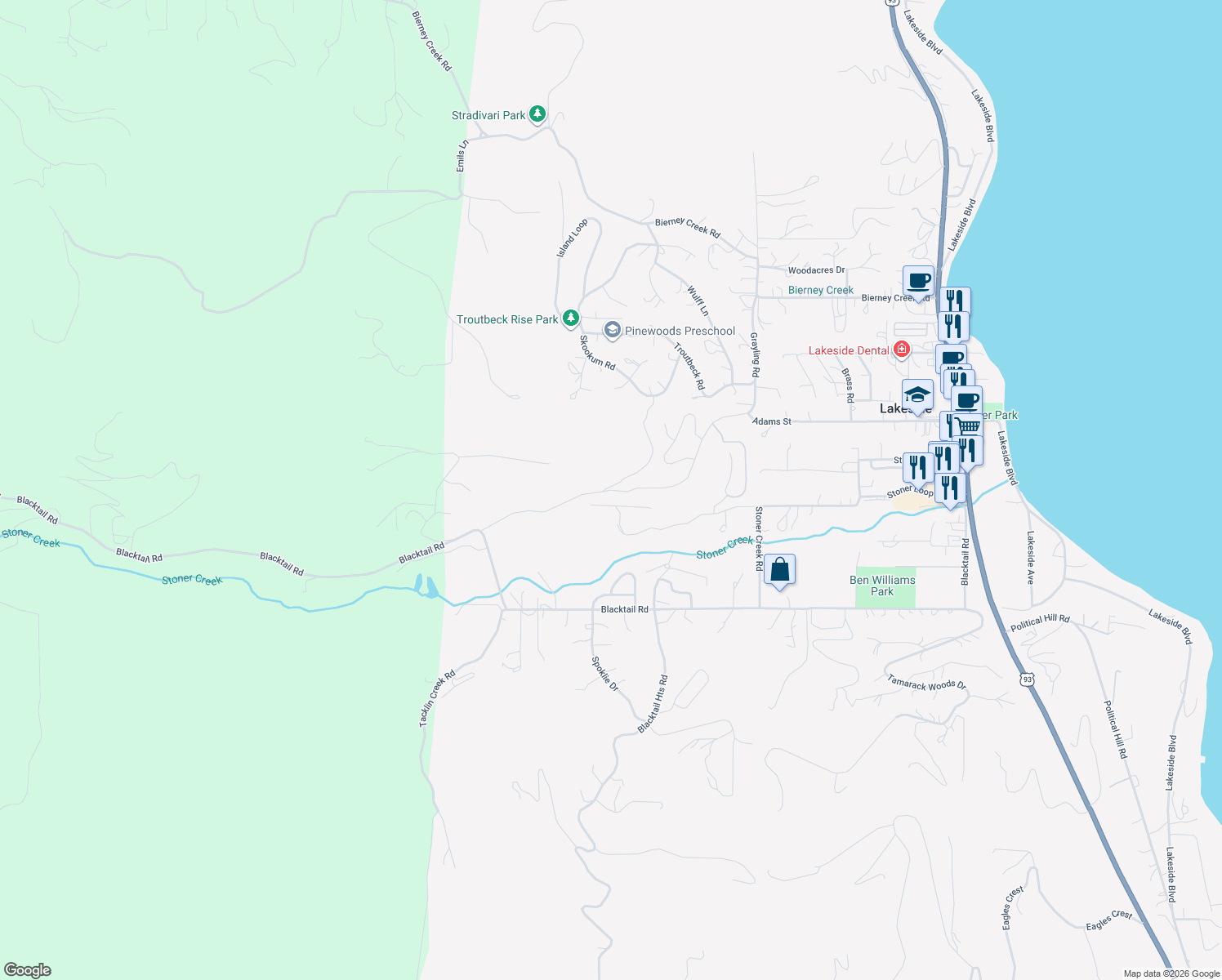 map of restaurants, bars, coffee shops, grocery stores, and more near Bower Rd in Lakeside